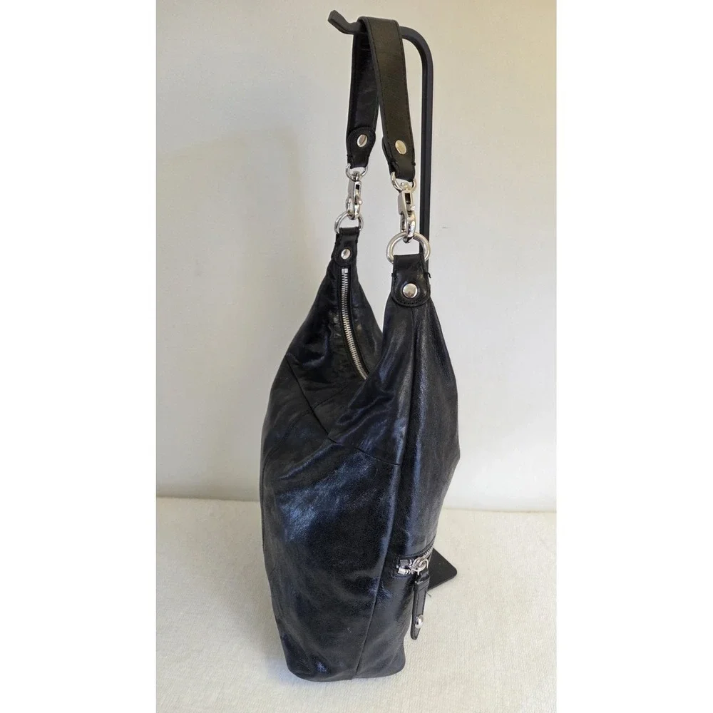 HOBO International Joelle Purse Black Polished Leather Shoulder Bag Silver Hardw